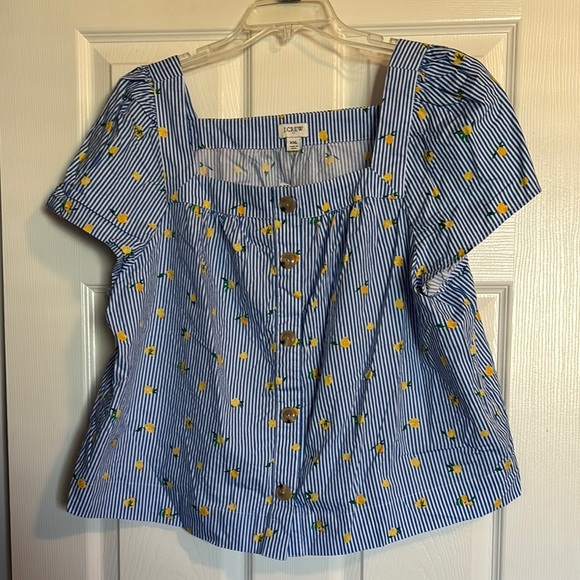 J. Crew Tops - J. Crew women’s blue and white striped lemon short sleeve blouse size XXL